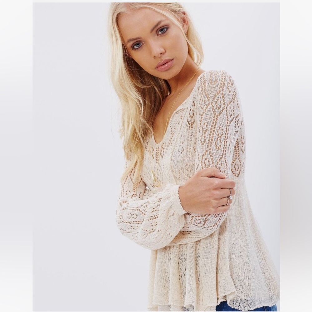 Free People Angel Days Open Knit Sweater in Antique Cream Long Sleeve